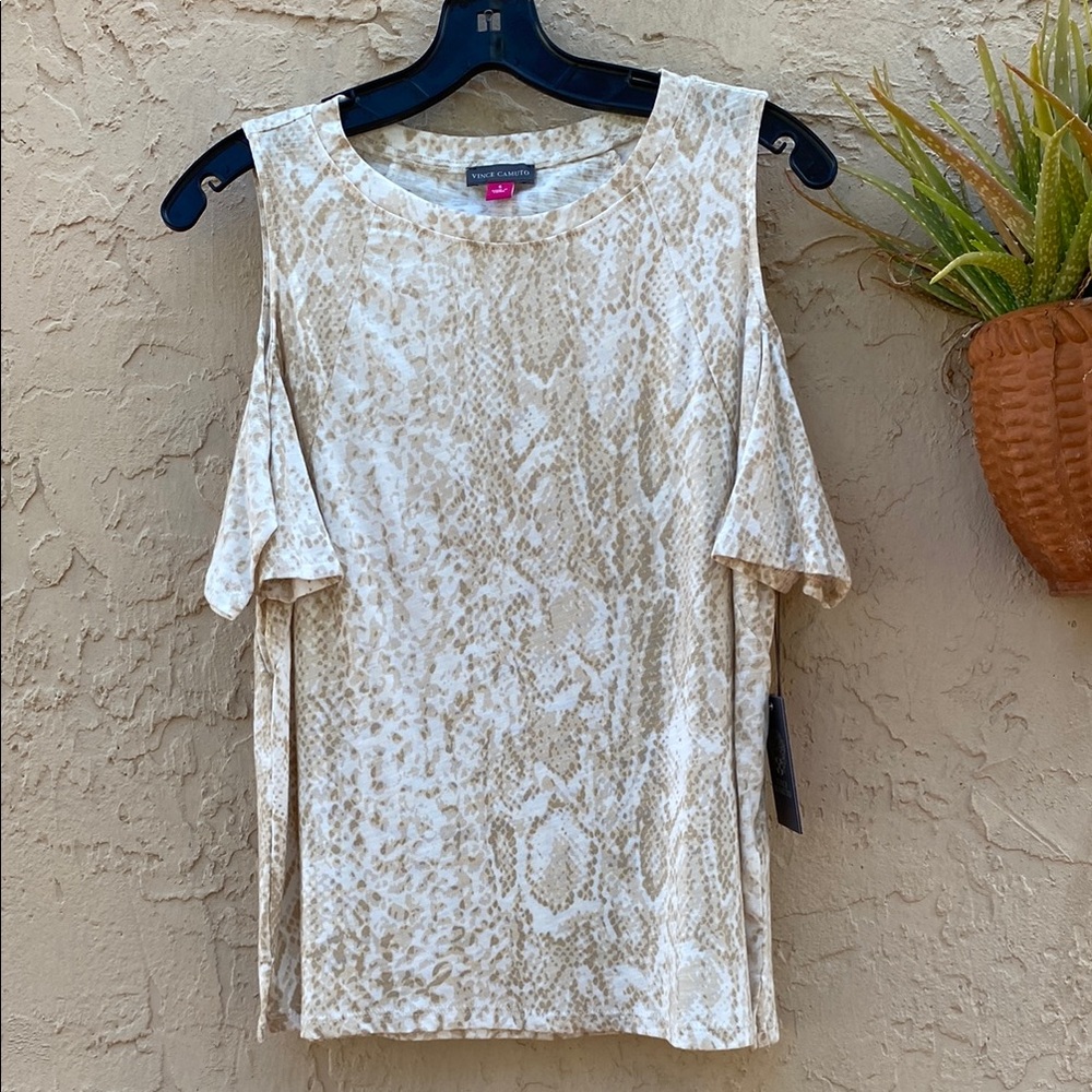 Vince Camuto New Cream Animal Print Blouse with Cut Out Cold Shoulder Design